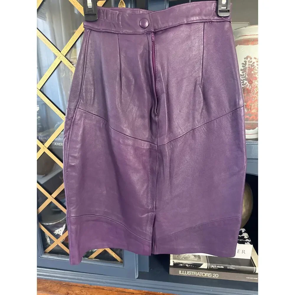 Vintage MiPiel Purple Real Leather Pencil Skirt  80s 90s | Size 12 (Modern 0–2)